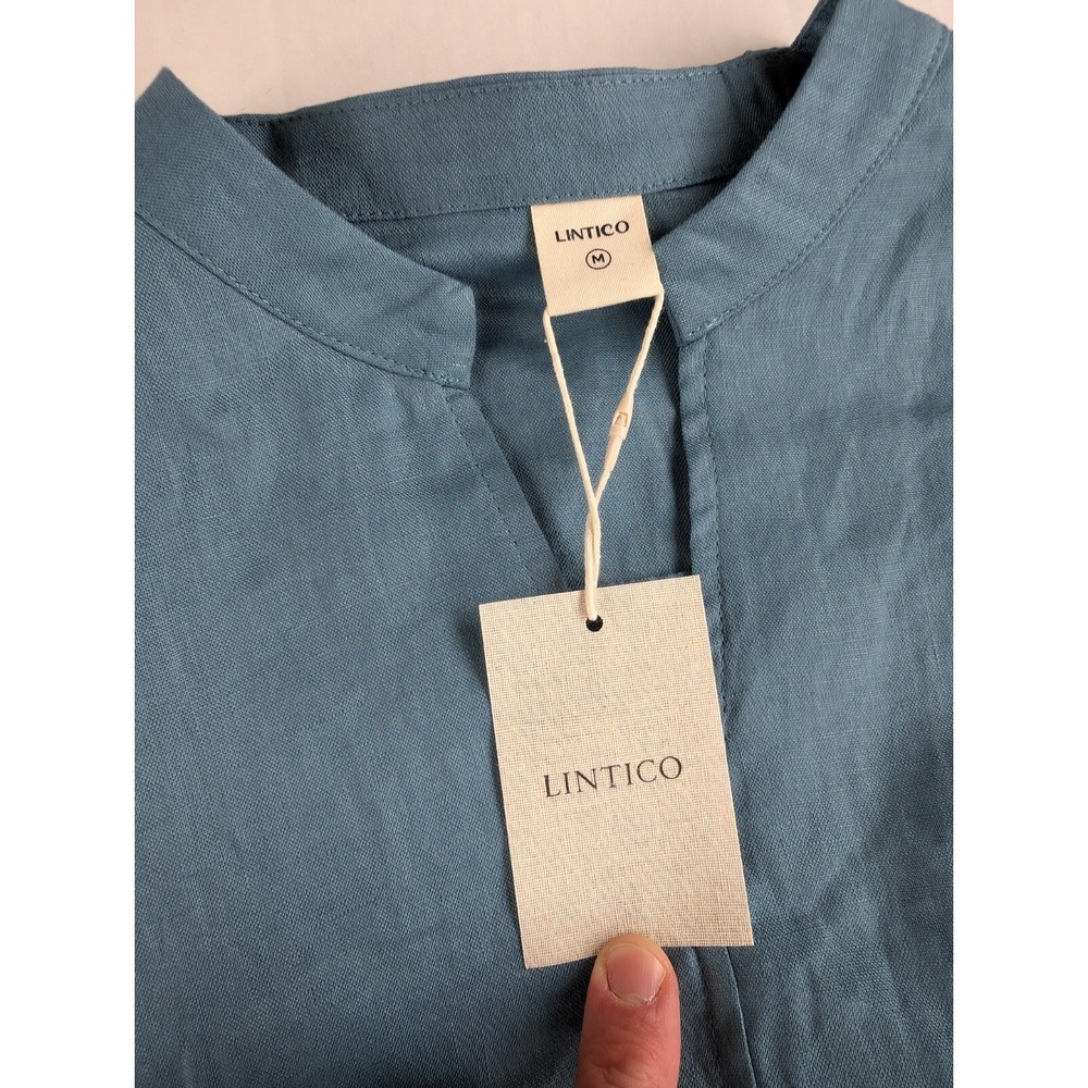 Lintico Elastic Waistband Dress Womens Medium NWT 100% Linen‎ V-Neck Steel Blue - Picture 4 of 7